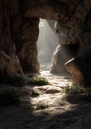 A cave interior is illuminated by a beam of sunlight streaming through an opening. The rocky walls and floor are rendered with varying textures. Greenery adds natural accents. This image could be used for various commercial or editorial purposes.の素材