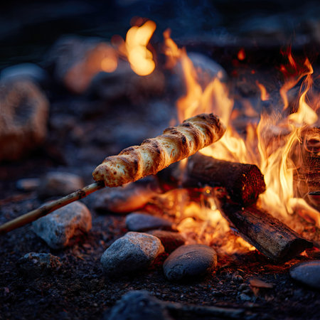 A close-up captures bread cooking over an open fire. The warm tones of the flames illuminate the scene. The image showcases textural details of the firewood and bread. This visual may be ideal for commercial projects, including editorials and marketing materials about outdoor recreation and food.の素材
