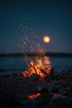 A campfire blazes with orange and red flames against a backdrop of a dark blue sky and a full moon. Sparks ascend, adding dynamic visual interest. The rocky foreground suggests an outdoor setting near water, illuminated by the firelight and moonlight. This image is suitable for various commercial uses, including illustrations and editorial content.の素材