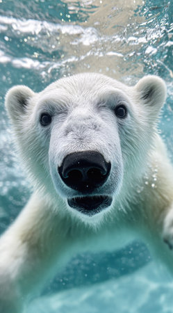 A close-up shot captures a polar bear submerged underwater, showcasing its face and upper body. The bear's white fur contrasts with the clear blue water and bubbles, highlighting its features. The image's composition offers a frontal perspective, potentially suitable for various commercial and editorial applications.の素材