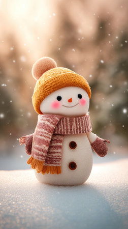 A whimsical snowman figure stands in a snowy environment. The snowman is adorned with a hat, scarf, and gloves in warm hues. The image features a shallow depth of field, with soft lighting and falling snowflakes, suggesting a winter scene suitable for various commercial uses.の素材