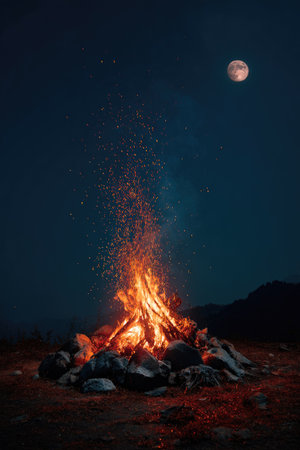 An image showcases a campfire emitting bright orange flames and sparks against a dark blue night sky. The full moon is visible in the upper right. The scene is illuminated by the firelight, creating warm tones contrasted with cool blues, suitable for various editorial and commercial applications.の素材