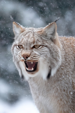 A close-up captures a snarling Lynx amidst a snowy environment. The animal, with its spotted coat and intense gaze, reveals sharp teeth. The image employs soft focus, with snowflakes creating a diffused background. Suitable for various projects needing wildlife or nature imagery, the photo can be used for commercial purposes.の素材