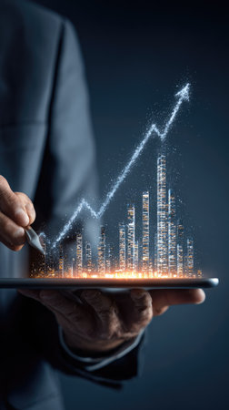 A person holds a digital tablet displaying a rising financial growth chart against a dark background. The image features glowing light effects and a sleek, modern aesthetic. It suggests concepts of business, investment, and future success, making it suitable for editorial and commercial applications.の素材