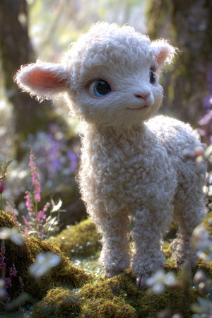 A fluffy lamb is depicted in a forest setting, bathed in soft sunlight. Its white wool contrasts with the green moss and surrounding vegetation. The image showcases a focus on detail and texture. Suitable for various creative projects, including editorial features, and commercial advertising materials.の素材