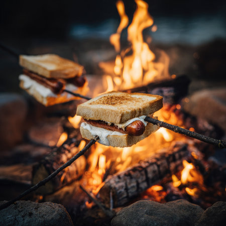 Two sandwiches are roasted over a campfire, featuring golden-brown bread and fillings. The scene showcases bright orange flames and glowing embers, suggesting an outdoor setting possibly at dusk. This image could be used for food blogs, recipe demonstrations, or illustrations on leisure and outdoor activities.の素材