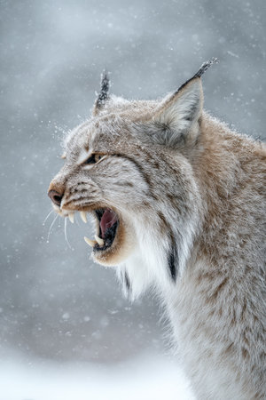A close-up captures a lynx with bared teeth, showcasing its predatory nature. The portrait features a neutral color palette with hints of brown and gray fur, set against a blurred snowy backdrop. The composition suggests potential use in wildlife publications or educational resources focusing on animal behavior.の素材