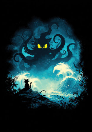 A dark illustration features a cat observing a gigantic, ominous kraken-like figure rising from the ocean. The artwork presents a dramatic contrast of dark and light with a teal and black color palette, suggesting a night scene. The image's style could be suitable for fantasy art, graphic novels, or various design projects.の素材