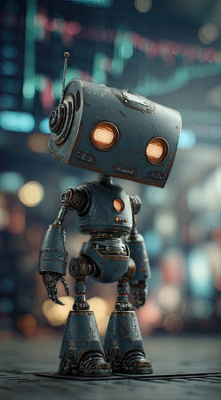 A stylized robot, rendered in muted blues and grays, is depicted in a full shot. The mechanical figure showcases a boxy head and rounded features, contrasting with a blurred environment featuring out-of-focus lights. This image could be suitable for a variety of creative projects, including educational materials and promotional content.の素材