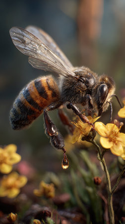 A close-up photograph captures a honeybee as it feeds on a small yellow flower. The image highlights the bee's striped body and delicate wings. The composition features soft focus and shallow depth of field, with a blurred background. This image is suitable for educational materials or nature-themed projects.の素材