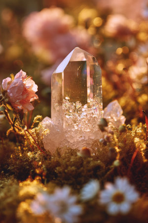 A close-up view displays a large, clear quartz crystal surrounded by soft, muted-tone flowers and foliage. The composition features a natural lighting effect, enhancing the textures and details of the natural elements. This image may be suitable for wellness, spirituality, or decorative projects. It could also find application in editorial content.の素材