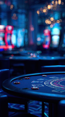 A close-up view presents a casino table covered in blue felt, with poker chips scattered across the surface. The scene is bathed in dim, atmospheric lighting, suggestive of a roulette game. The composition features a shallow depth of field, with blurred backgrounds of lights and game machines. This image is suitable for promotional materials or editorial content.の素材