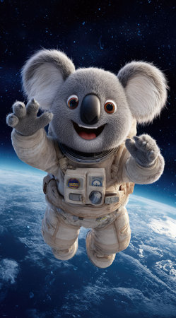 A cartoon koala wearing an astronaut suit floats in space with planet Earth visible in the background. The image features a vibrant blue color palette with detailed textures. It has a cheerful aesthetic suitable for various commercial uses such as educational materials or children's media.の素材