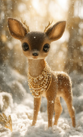 A stylized fawn stands in a snowy environment, adorned with a decorative gold necklace. The image showcases soft textures and warm lighting, creating a dreamy, almost ethereal quality. This visual could be used for various projects, including festive designs, marketing campaigns, or creative artwork.の素材