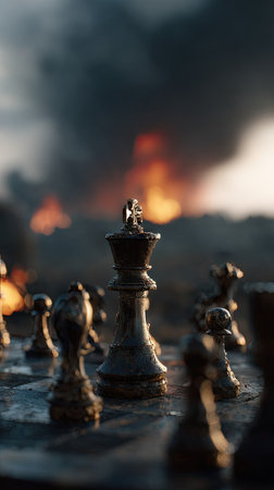 Chess pieces, predominantly the king, are positioned on a board, with a dark and textured background suggesting an outdoor setting. The image uses a shallow depth of field, emphasizing the foreground chess pieces, while blurred elements create depth. The color palette features muted tones, suggesting a dramatic and possibly volatile environment, suitable for various editorial and commercial applications.の素材