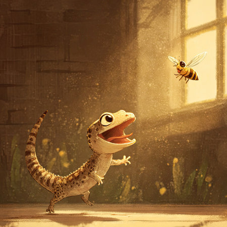 An illustrated scene features a lizard and a bee indoors, bathed in warm sunlight. The artwork showcases detailed textures and a cartoon style, with vibrant colors. It suggests a whimsical setting possibly suitable for children's books or educational content, with potential applications for advertising or design.の素材
