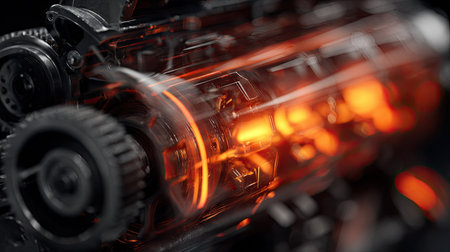 This image showcases a detailed view of a mechanical engine with a dynamic lighting effect. The scene features metallic components illuminated with vibrant orange and red hues. The composition suggests motion and power, ideal for visual projects. This style could be suitable for various commercial applications and design resources.の素材