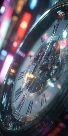 A close-up view presents a pocket watch with intricate details, highlighting the clock face and hands. The scene features a blurred, colorful background with neon lights, suggesting a city setting. This image could be used for conceptual illustrations related to time, history, or design. It also has potential use for commercial projects.の素材
