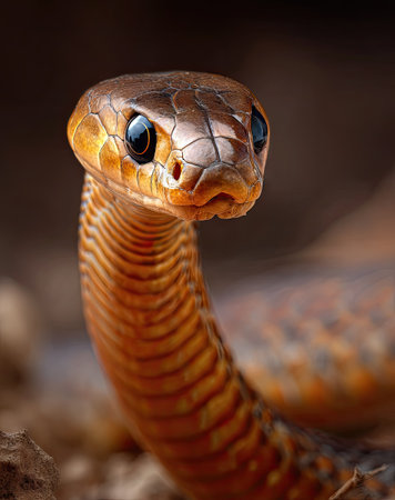 This close-up image showcases a snake with intricate scale patterns and a striking gaze. The warm color palette and detailed textures create visual interest. The composition focuses on the snake's head and neck, suggesting a natural environment. Suitable for a variety of editorial or commercial applications.の素材