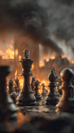 A close-up view presents chess pieces positioned on a board, with a fiery backdrop suggesting conflict or devastation. The composition features a shallow depth of field, emphasizing the chess pieces against a blurred environment. This imagery could be utilized for editorial content or design projects.の素材