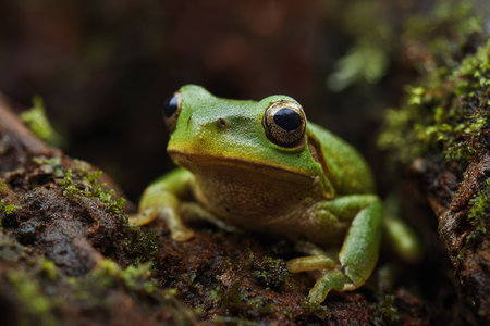 A detailed image displays a bright green frog, resting on a textured, brown surface covered with green moss. The frog exhibits smooth skin and large, dark eyes. The lighting is soft and natural, suggesting an outdoor environment. This image is suitable for various commercial uses, including educational materials and nature-themed content.の素材