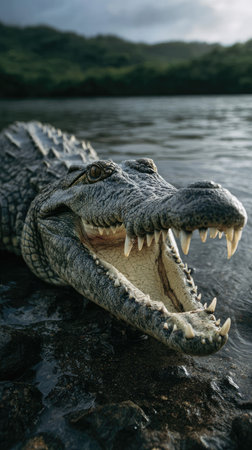 A detailed image of a crocodile with its mouth open, revealing sharp teeth, rests near a body of water. The color palette consists of grey and dark tones. The animal's texture is rough, hinting at a natural habitat under cloudy skies. This image is suitable for educational or wildlife-themed publications.の素材
