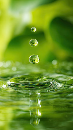 Close up view of water droplets in motion. The image showcases liquid water in a vibrant green color palette. The composition features a dynamic arrangement with focus on the droplets interacting with the water surface. Suitable for use in various visual projects, showcasing natural elements.の素材