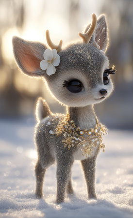 A whimsical illustration features an adorable deer with large eyes and soft fur. It is adorned with floral embellishments and a decorative golden necklace. The artwork utilizes a soft lighting style, and the composition suggests a winter environment. Suitable for various creative and commercial applications.の素材