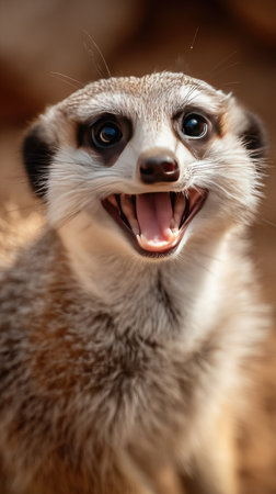 The image features a close-up of a meerkat, its mouth open in a display. The animal's fur appears in shades of brown and beige, set against a blurred background. The composition highlights the meerkat's facial features and potentially suitable for various commercial uses.の素材