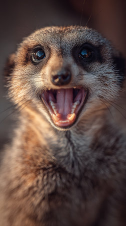 The image features a close-up of a meerkat with its mouth wide open, displaying its teeth and facial features. The meerkat is bathed in soft lighting, highlighting the texture of its fur and the details of its expression. This photo could be used for wildlife documentaries, educational materials, or general animal-related content.の素材