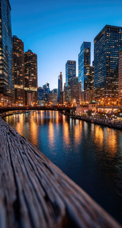A cityscape captures tall buildings along a river, with the warm glow of city lights reflecting on the water. The composition highlights architectural details with a foreground wooden surface. This image, showcasing urban environment, may be suited for commercial use in publications or marketing.の素材