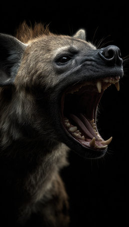 A detailed close-up depicts a hyena with its mouth wide open, exposing its teeth. The image showcases fur textures and contrasting tones of black and brown. The composition suggests a studio setting with dramatic lighting. Suitable for a range of commercial applications including advertising and editorial content.の素材