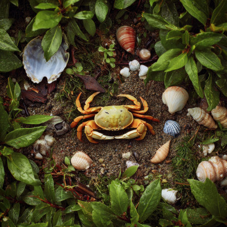 A close-up captures a crab amidst a bed of foliage and various seashells. The composition features a vibrant color palette, enhanced by natural lighting. This image could be suitable for a range of commercial applications, including editorial content and design projects. The scene has a detailed texture.の素材