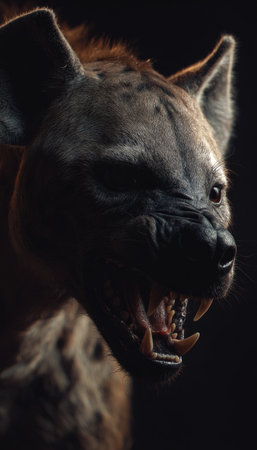 A close-up image showcases a spotted hyena with a fierce expression and open mouth, revealing sharp teeth. The animal's fur displays a pattern of spots and a range of brown tones. The composition is set against a dark, contrasting backdrop, creating a dramatic effect suitable for wildlife documentation and creative projects.の素材