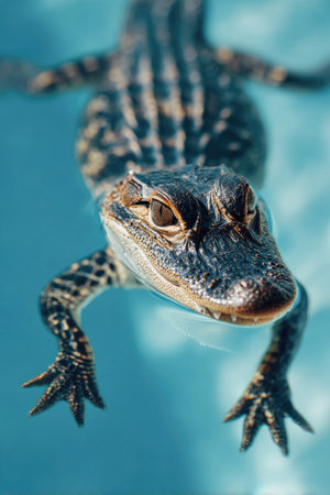 A detailed image displays a juvenile alligator floating in water, captured from above. The reptile's textured skin and head are in sharp focus, showcasing natural patterns. The scene exhibits cool tones and shallow depth of field, implying an outdoor environment. This image could serve various purposes, from educational material to stock photography.の素材