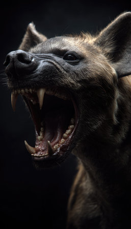 This image showcases a close-up of a hyena with its mouth wide open, displaying its teeth. The animal's fur is a mix of brown and gray. The composition is set against a dark backdrop, emphasizing the hyena's features. This image could be suitable for various commercial or editorial uses.の素材