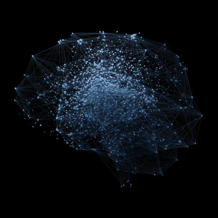An illustration depicts a stylized human brain constructed from numerous interconnected nodes and lines, suggesting complex networks. The artwork features a predominantly blue color palette against a black background. The image has a digital, modern aesthetic. Suitable for various uses, this image could represent concepts like technology or communication.の素材