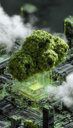 This digital artwork showcases a conceptual scene combining natural elements with technological components. The image features a stylized representation of foliage merging with digital circuitry. The composition uses a dark, atmospheric style and suggests a futuristic or environmental theme. This image is suitable for various commercial or editorial applications.の素材