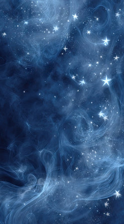 This image presents an abstract composition featuring a dark blue background with wispy, swirling formations. Numerous bright stars are scattered across the scene. The overall style appears digital, with soft lighting and a focus on texture and depth. This visual could be used for various design projects, including backgrounds, illustrations, or conceptual representations.の素材