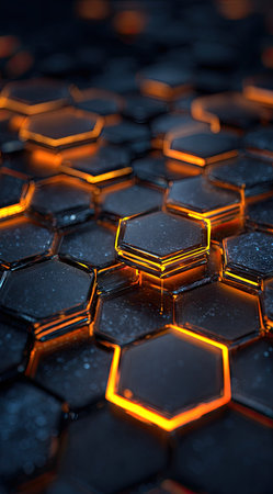 This image features a detailed honeycomb pattern composed of hexagonal shapes. The design incorporates a dark color palette with vibrant orange highlights illuminating the edges of the cells. The composition suggests a three-dimensional perspective, possibly suitable for technology or design themes, and can be used for various commercial purposes.の素材