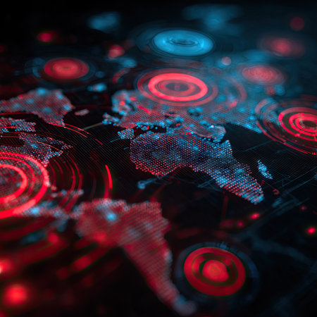 An abstract digital representation features a world map with interconnected glowing circles. Red and blue colors dominate the composition, creating a futuristic aesthetic. The image uses a low-angle perspective. Suitable for technology, data, and global communication concepts.の素材