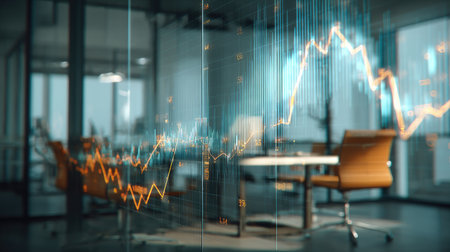 An image showcases a business office with orange chairs and a table. Overlaid digital graphs and charts add to the business theme. The scene employs muted colors, and the soft focus suggests an indoor setting. This image may be useful for finance, technology, or business related visual needs.の素材