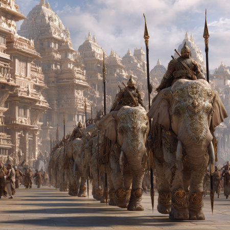 A procession of armored elephants, each carrying a warrior with a spear, advances along a stone pathway. The scene is set against a backdrop of elaborate, towering structures, suggesting a grand urban environment. The composition features a sense of depth with blurred figures in the background. This image is suitable for historical or fantasy-themed projects.の素材