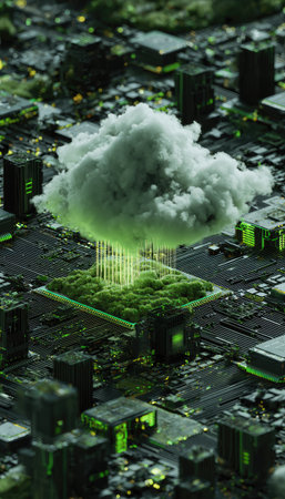 A digital illustration depicts a cloud formation emanating from a technological landscape. The composition features a complex network of structures, rendered with green and gray tones, evoking a sense of interconnectedness. The artistic style suggests modern graphic design suitable for informational or commercial purposes. The overall presentation implies innovation.の素材