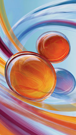 This abstract illustration features three transparent spheres in shades of orange and blue, set against a backdrop of flowing, colorful ribbons. The image uses soft gradients and highlights. The design might be used for graphic design projects, website backgrounds, or promotional materials in various industries.の素材