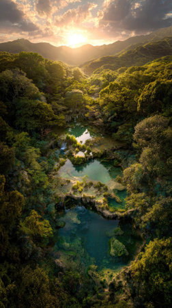 An aerial perspective captures a verdant landscape featuring a series of interconnected water bodies and dense green foliage. Overhead sunlight illuminates the scene, highlighting the textures of the trees. The composition suggests a natural environment, suitable for various editorial and commercial projects.の素材