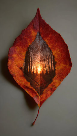 A single, vibrant red leaf frames a detailed forest vista. The composition showcases a sunset through trees, with warm tones dominating. The image highlights organic textures and intricate details. Suitable for illustrating natural beauty, artistic concepts, or environmental themes in various media.の素材