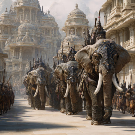 A procession of elephants, adorned with riders, traverses a detailed cityscape. The illustration showcases a historical ambiance with a focus on structure. The style blends fantasy elements and realism. This image is suitable for educational materials, historical documentaries, and creative projects, providing a visual representation of the past.の素材
