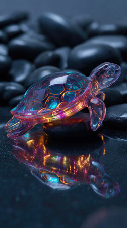 A glass turtle figurine rests on dark, smooth stones. The artwork showcases a range of vibrant colors and intricate details. The reflective surface below enhances the visual appeal. This image is suitable for various commercial uses, including artistic designs and decorative projects.の素材