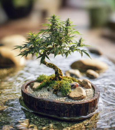 A bonsai tree, featuring lush green foliage, sits in a wooden pot surrounded by small rocks. The image displays the plant positioned on a reflective water surface. The composition showcases a close-up perspective, with potential uses including illustrations for botanical studies or tranquil aesthetic projects.の素材